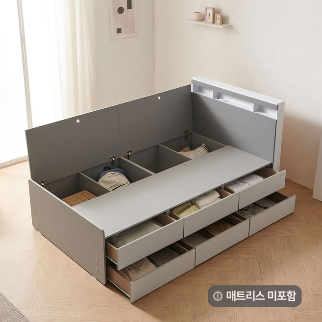 에리스 LED+USB형 높은 2단서랍침대 SS (전체 서랍형) (매트 미포함), 그레이화이트