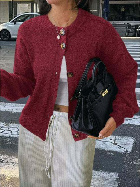 簡約鈕扣長袖毛衣外套 - 歐美休閒女裝秋冬