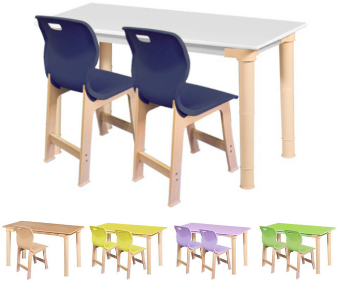 칼라 책상 의자 2인 세트 학원 학교 돌봄 교실 초등 학생 공부방 책걸상, 대형칼라(W1200xD600)사각1+초등의자2, H620(초등저학년)원목원형다리, 민트세트