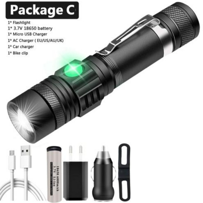 울트라 브라이트 T6L2V6 LED 손전등 XP-L LED 램프 구슬 방수 토치 Zoomable 4 조명 모드 18650 배터리 USB 충전, 8) Package C - L2-Medium brigh, 1개