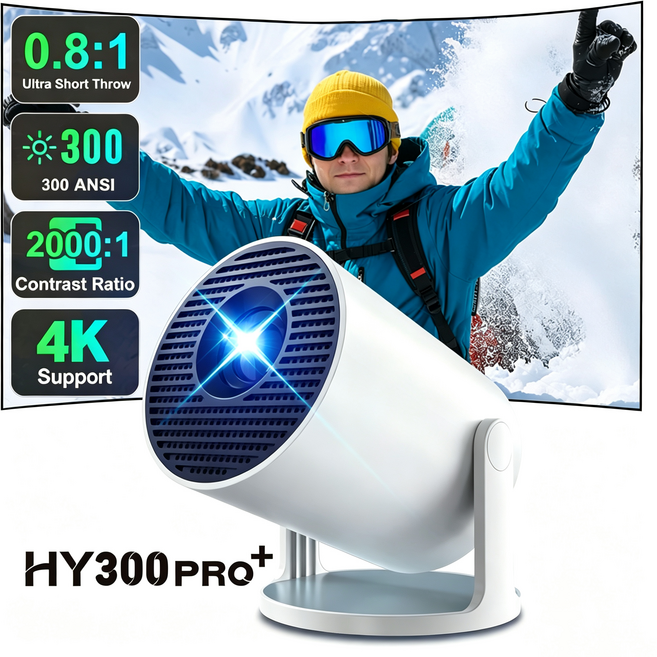 [2026년형] HY300pro+ 미니 빔프로젝터 4K 영상 디코딩 지원 Wi-Fi6 블루투스5.4 자동키스톤 휴대용 가정용 프로젝터, HY300 PRO+