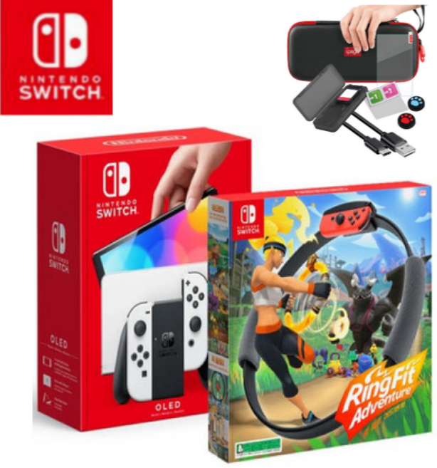 닌텐도 스위치 링피트 어드벤처 타이틀 세트, OLED 화이트+링피트 어드벤처+아이페가9종종합악세사리