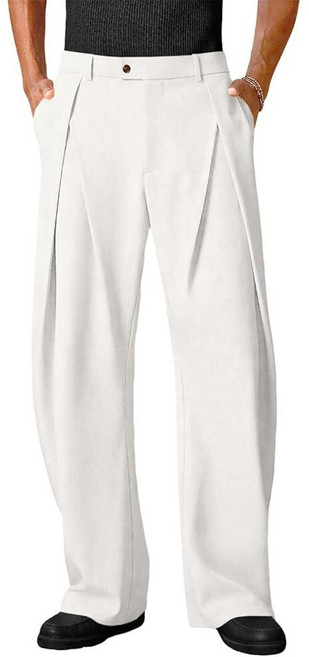 Runcati Mens Baggy Wide Leg Dress Pants Pleated Zipper Fly Casual Elastic Waist Trousers Relaxed F