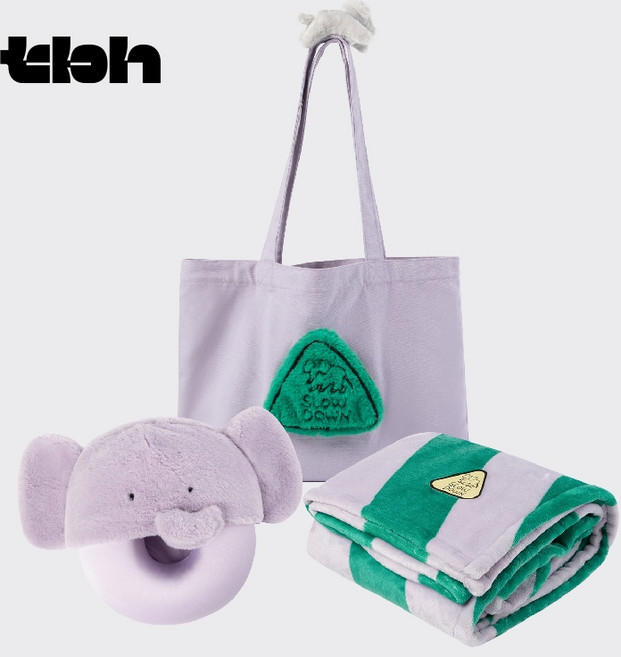 [tbh] PANDA POMPOM 여행용 목베개 기내용 휴식 담요 에코백 3종 세트, 연한 퍼플