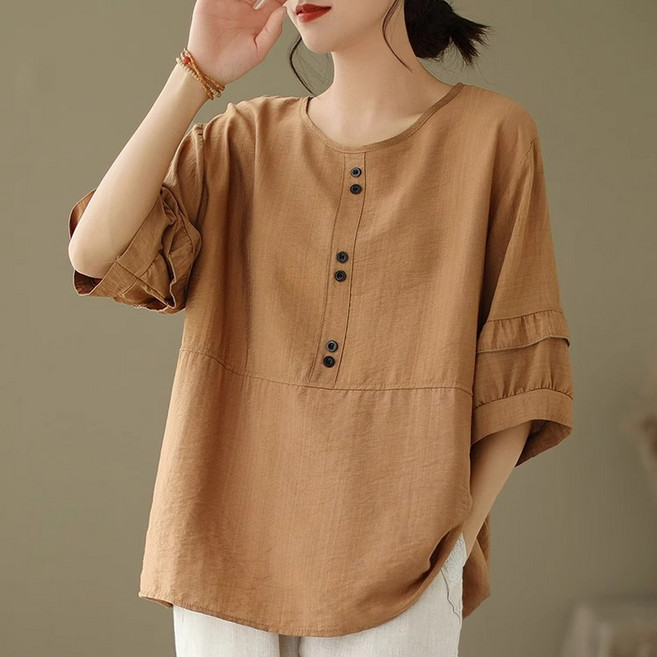 여성용 여름 빅사이즈 면마 라운드넥 루즈핏 린넨 반팔 티셔츠