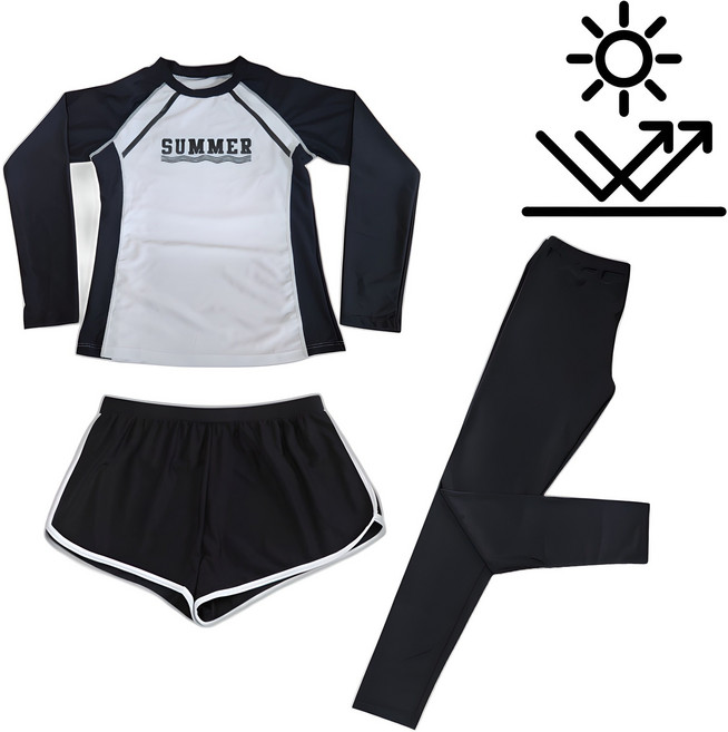 팝키즈 써머 화이트 긴팔 주니어 수영복 래쉬가드 3종세트