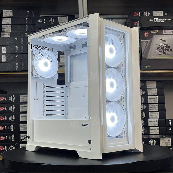 컴퓨터 케이스 ATX e-스포츠 게임 수냉식 데스크탑 흰색 PC케이스 PC 미들타워케이스, 빛의 신 블랙 + 아이스블루 무소음 부채 3개, 1개