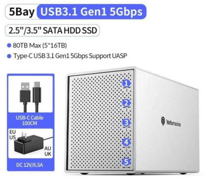 초소형 SSD 인클로저 Yottamaster 외장 하드 드라이브 USB 3.0 HDD 박스 3.5 2.5 인치 SATA 지지대 5x16TB 스토리지 RAID 케이스 DAS 5 베이, 5Bay Type-C 80TB