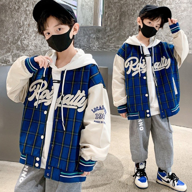 메이징키즈 주니어 남아 봄 가을 배색 체크 바시티 야구 점퍼