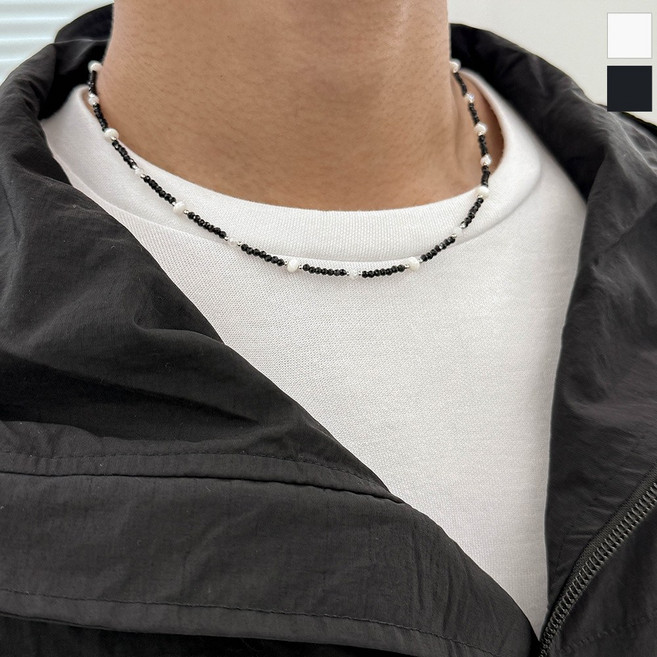 남녀공용 흑백 알갱이 원석 비즈 목걸이 (VIAC002)