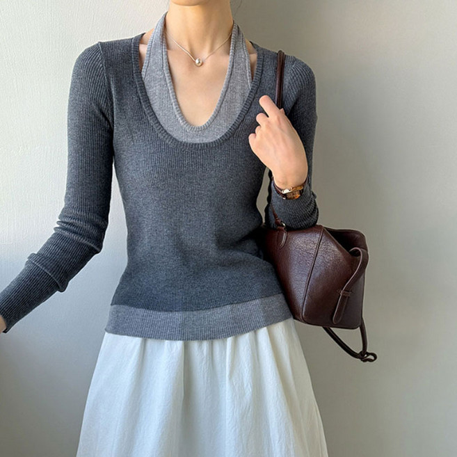 에스라이프 여리섹시한 일체형 레이어링 홀터넥 니트