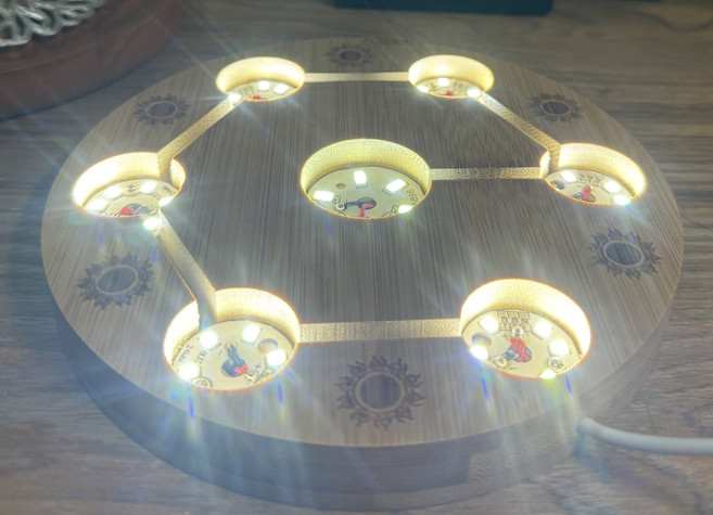 圓形木質七LED燈水晶展示底座 USB供電幾何造型燈座, 白光, 1個