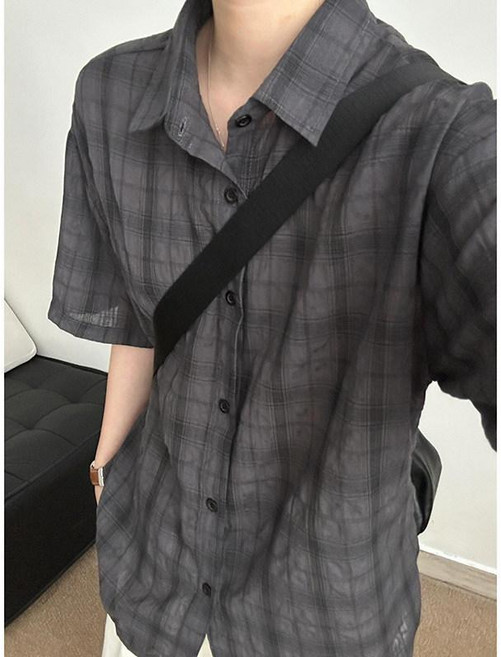 男士綠色格子冰絲短袖襯衫 夏季薄款寬鬆休閒襯衣