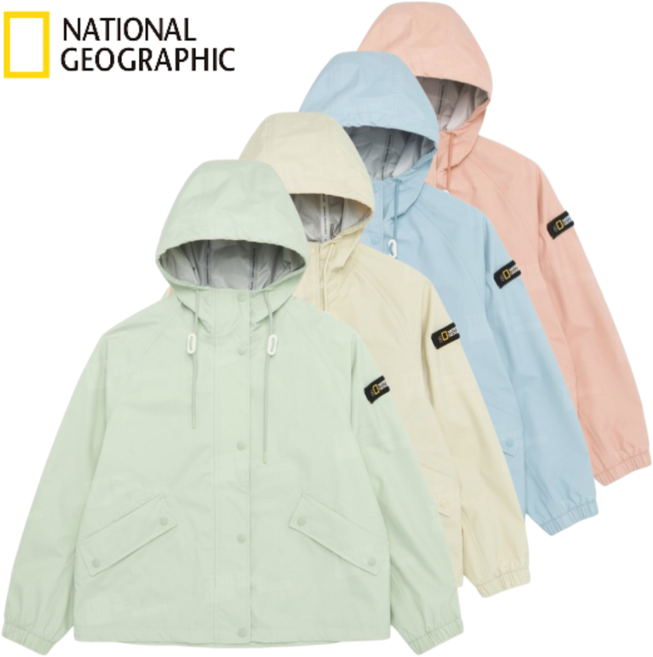 [매장발송] 내셔널지오그래픽 여성 방풍자켓 봄 간절기 후드 바람막이 점퍼 생활방수 비비드 컬러감 등산 캠핑 트래킹 아웃도어
