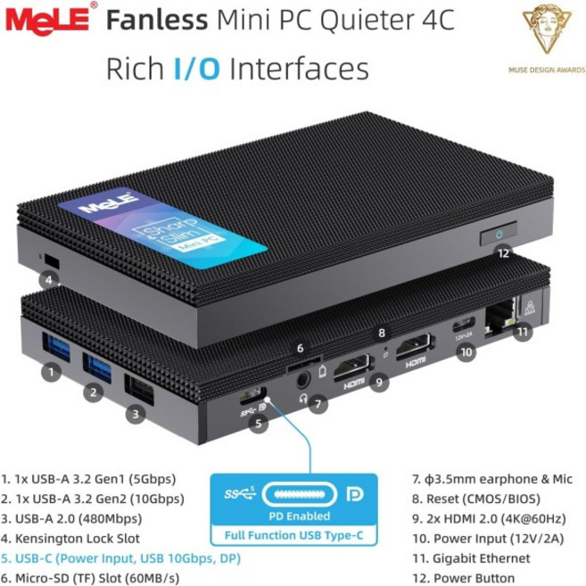 MeLE 미니 PC Quieter 4C N100 팬리스 8GB 메모리 스토리지 2.4/5G Wi-Fi 전 기능 USB-C 4K 트리플, 01 OS, 01 CHINA, 02 N100 8GB 256GB