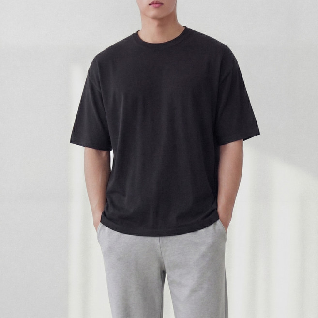 더베이직샵 남자 오버핏 라운드넥 무지 쿨링 스판 반팔 니트 10컬러