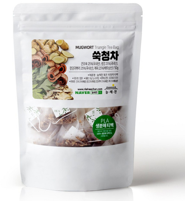 늘해찬 볶은 쑥청차 티백 쑥+당귀+생강+계피 전통차 허브차 대용량 생분해 티백차, 1g, 50개입, 1개