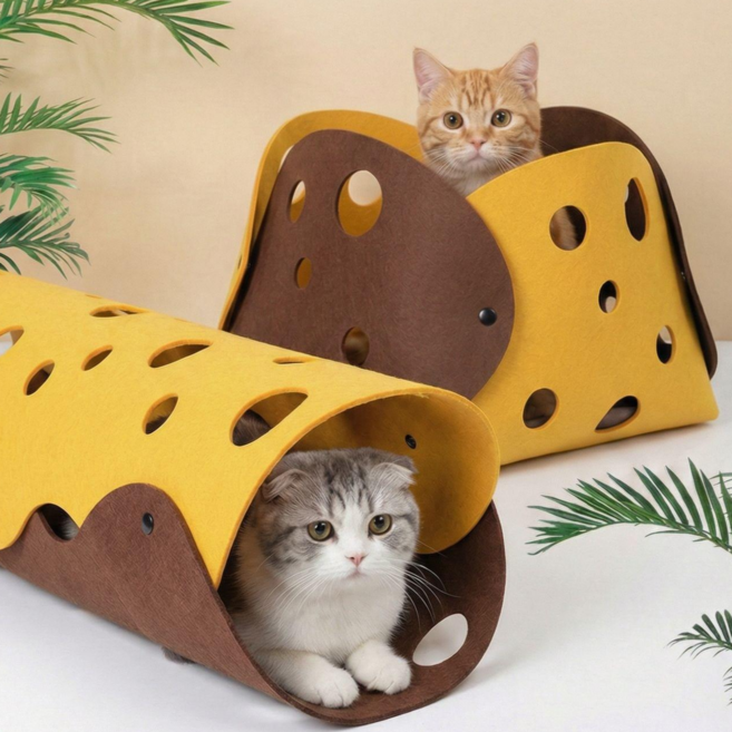 룸템즈 펠트 고양이 숨숨집 터널, 1개, 옐로우+브라운