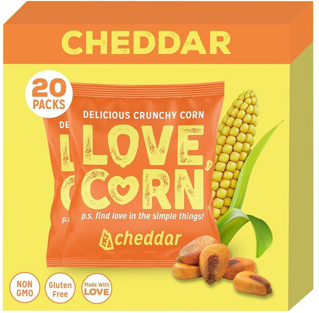 LOVE CORN Cheddar 19.8g(0.7온스) x 20봉지 - 맛있는 바삭한 옥수수 - 건강한 가족 간식 - 글루텐 프리 코셔 GMO 프리 - 칩 견과류 크래커, LOVE CORN Cheddar 19.8g(0.7oz)