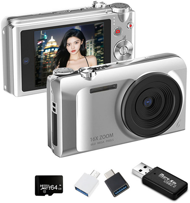 MOKIN S11 빈티지 미니 디지털 카메라 4K DH 6400W 픽셀 + 64GB sd카드, 실버