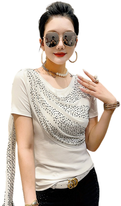 라인댄스복 스포츠댄스복 여성용 라운드 핫픽스 리본 패치 반팔 티셔츠 +Women's T-shirt 뉴타임즈