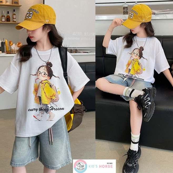 키즈목마 여아용 주니어 머리묶은 캐릭터 프린팅 상의 초등생 하의 초중생 반팔티 데님 반바지 상하세트 900
