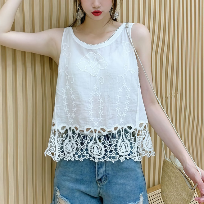 Makone 여성 라운드넥 솔리드 레이스 밑단 슬리브리스 코디네이터 심플 루즈핏 순면 민소매 티셔츠