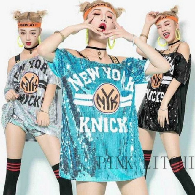 Sealang 여자 힙합 댄스 롱 티셔츠 반짝이 공연복 cong1223101