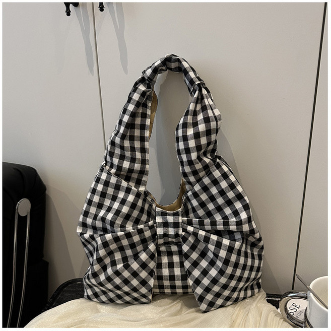 復古格子水餃包 輕便大容量帆布單肩包 百搭購物袋