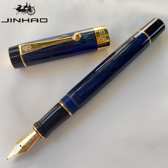 Jinhao 100 만년필 셀룰로오스 클래식 스타일 미세 펜촉 부드러운 필기구 리필 가능한 변환기 포함, 02 F, 18 Galaxy Blue-black