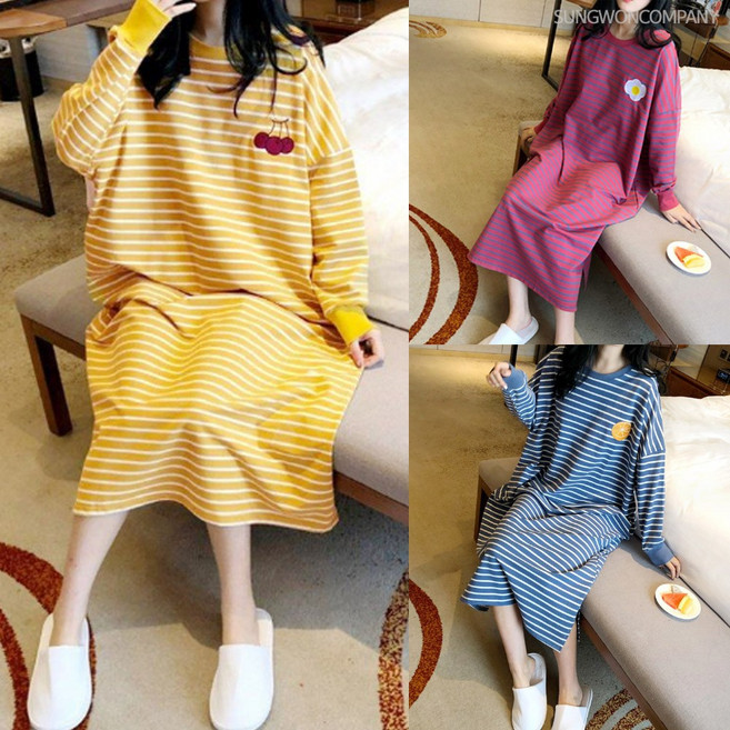 이너퀸 프리수 과일 자수 패치 빅사이즈 단가라 줄무늬 임산부 긴팔 롱 루즈핏 원피스 잠옷 홈웨어 프룻츠원피스