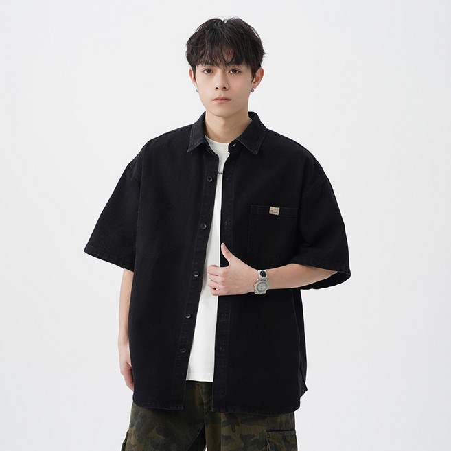 HANYO 남성 빈티지 워싱 캐주얼 루즈핏 데님 반팔 셔츠