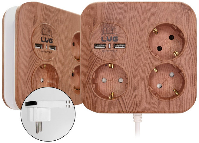 러그박스 사각큐브 3구 USB 2포트 납작멀티탭, 1개, 우드, 1.4m