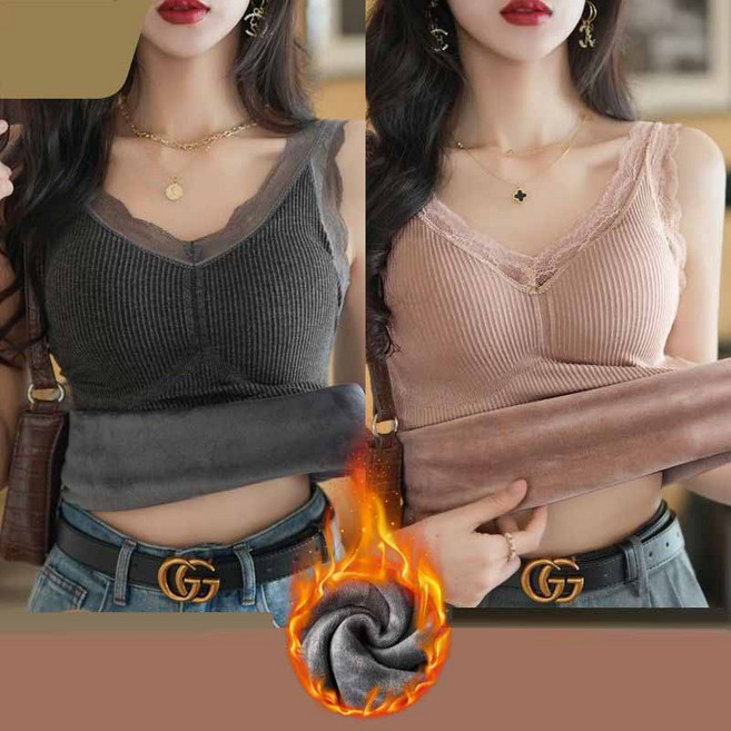 1+1 여성 기모 나시 여성용 가을 겨울 두꺼운 보온 브라탑 레이스 트림 패드 일체형 빅사이즈 베이스 레이어 캐미솔 JXH