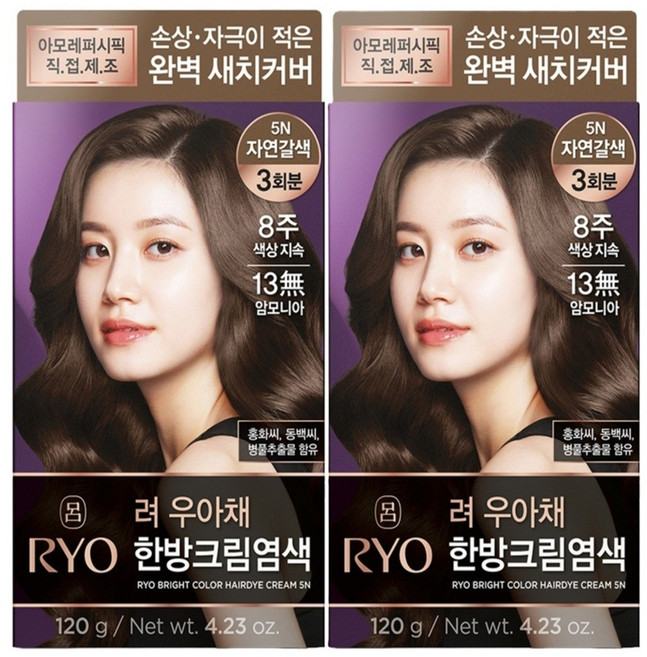 려 우아채 멋내기 새치 염색제, 5N 자연갈색, 2개