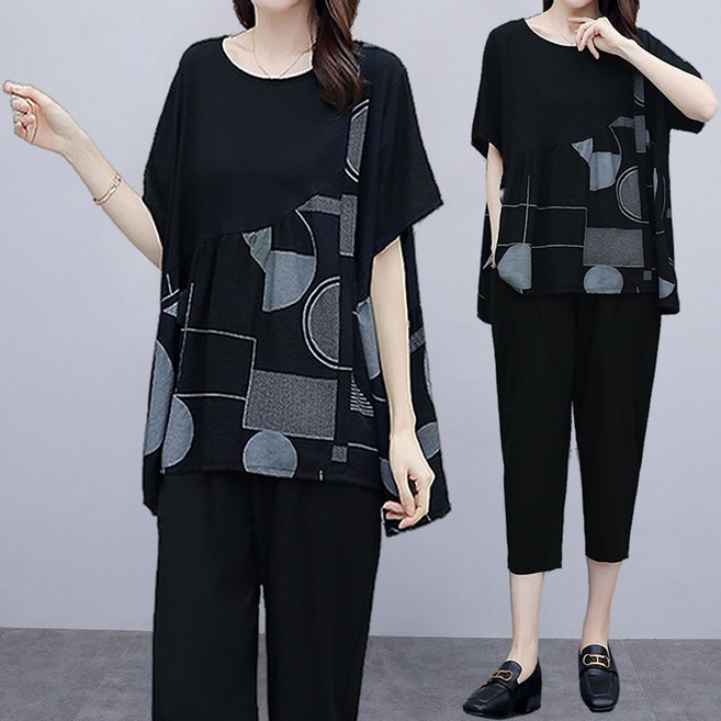 L-5XL 빅사이즈 중년여성 엄마옷 상하투피스 루즈핏 운동복세트 프린트 반팔티 7부 조거팬츠 데일리 상하세트