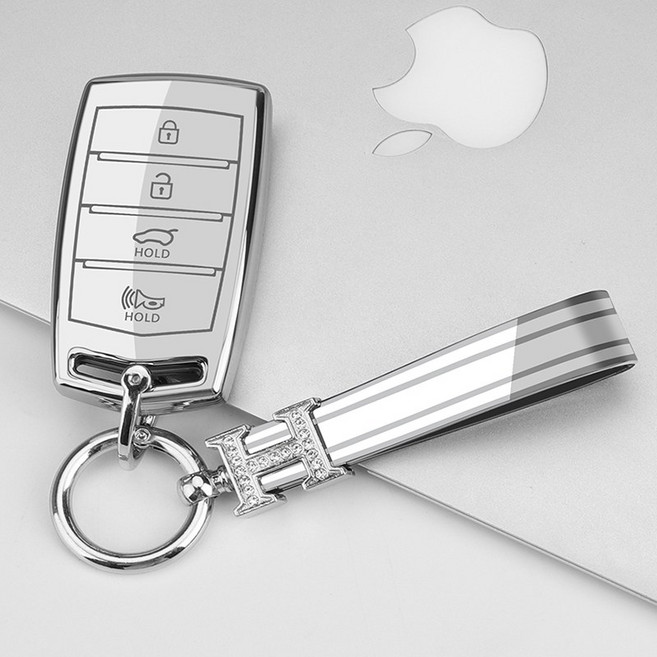 키에티 제네시스 호환 G70 G80 G90 EQ900 4버튼 키케이스 + H큐빅 키체인, 실버-화이트