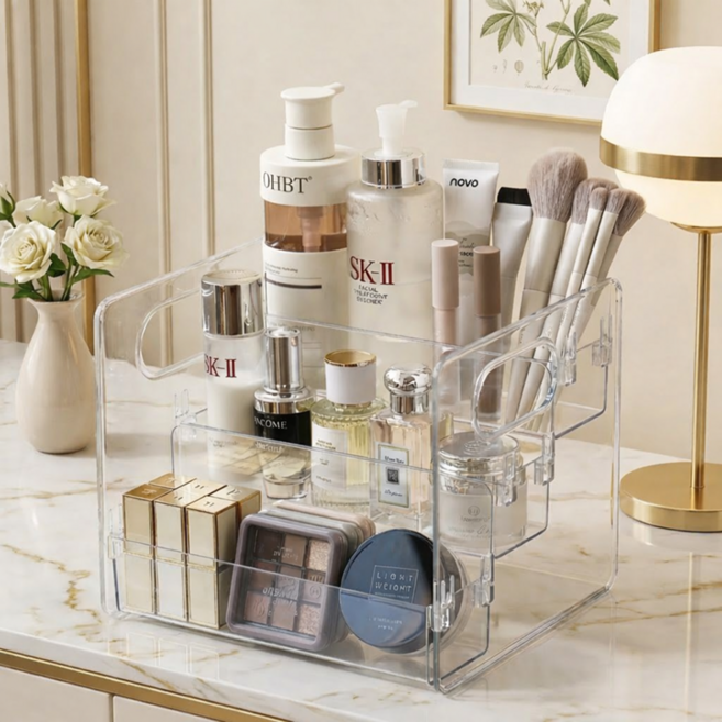 홈플로우 3단 다용도 수납 화장품 정리함, 투명, 1개