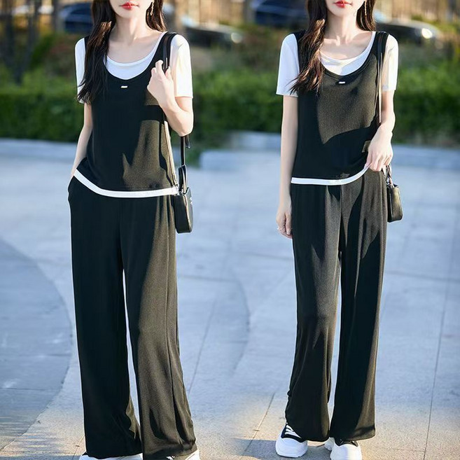 여성 캐주얼 반팔 상하세트 루즈핏 와이드팬츠 투피스 여름 트레이닝 츄리닝