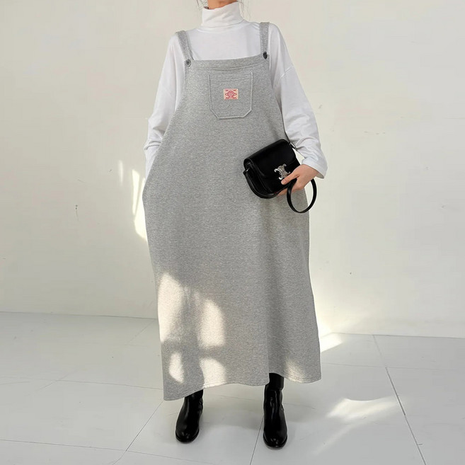 빅걸스토리 빅사이즈 기모 어깨끈 라벨 멜빵 롱 원피스