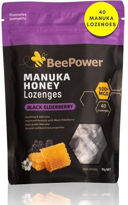BeePower Manuka Honey Lozenges 비파워 마누카 꿀 목캔디 MGO 500+ 블랙 엘더베리 40개입 190g, 1개