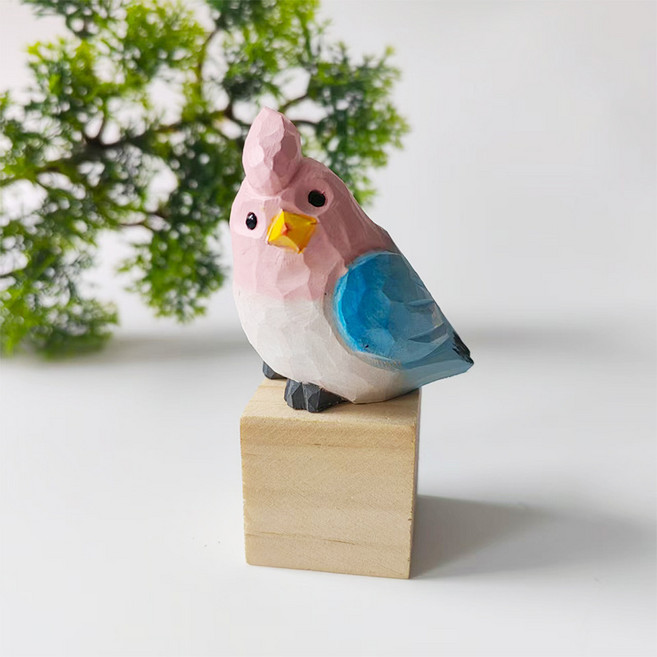 手工實木雕刻鸚鵡擺件, 粉櫻嬌鳳鳥 無木方