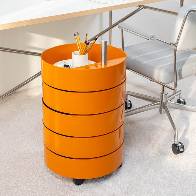 모나 원형 5단 컨테이너 트롤리 이동식 웨건 수납장, 오렌지
