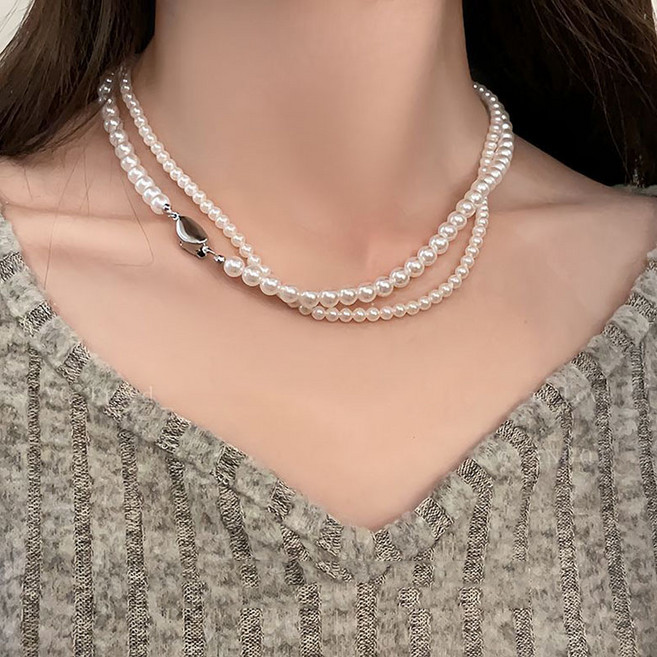 FANSYLI 진주목걸이 1+1 체인목걸이 레이어드목걸이 4mm-10mm 엄마 진주목걸이 진주 비즈 초커목걸이 쇄골목걸이 X2406J10