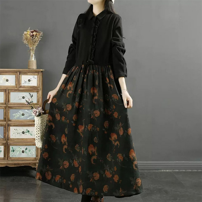 TKX 꽃무늬 원피스 여성 빅사이즈 복고풍 긴팔 롱원피스 가을 겨울 면 나들이 KD97