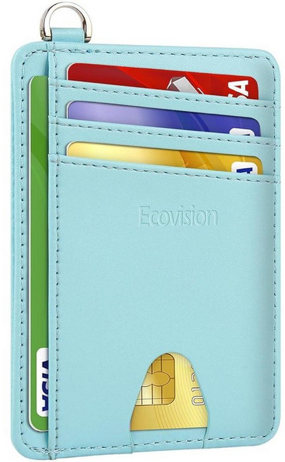 EcoVision 슬림 미니멀리스트 전면 포켓 지갑 RFID 차단 신용 카드 홀더 탈착식 D-섀클 포함 남성 여성용 염소가죽 말차 그린 미니멀리스트_158138