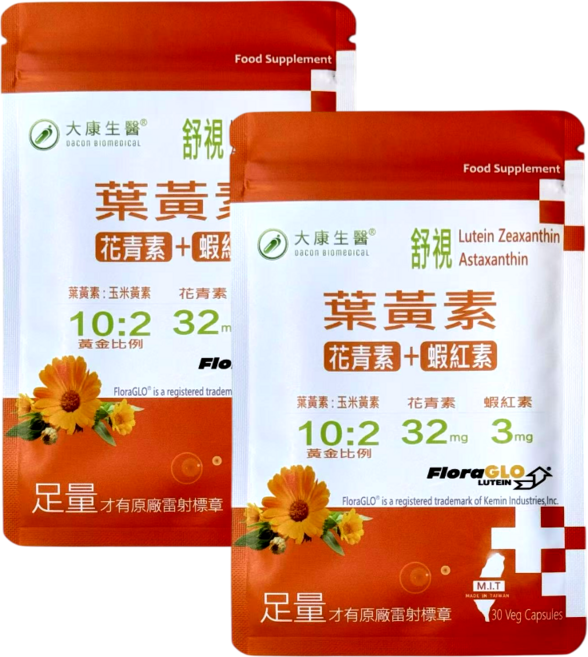 大康生醫 舒視 FloraGLO游離型葉黃素 蝦紅素 花青素 玻尿酸 金盞花 山桑子 枸杞 晶亮保健, 2個, 30顆