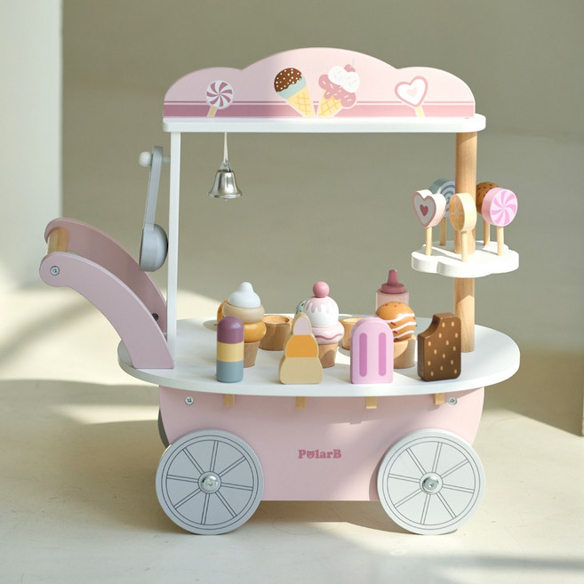 폴라비 원목 아이스크림 카트 장난감 가게 놀이 세트 아기 유아 역할놀이 마트 소꿉놀이, 핑크 화이트, 1개