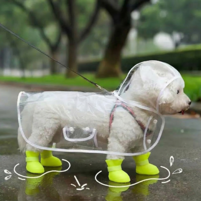 멍담 강아지 우비 신발 세트 방수 레인코트 비옷, 1개, 투명 우비 + 형광 신발