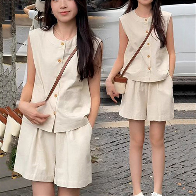 여름 여성투피스 여성세트 조끼 + 반바지 와이드팬츠 반팔 티셔츠 ZBW26030108 40